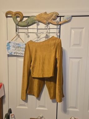 May Pink Mustard Gold Velvet Crop Top And Shorts